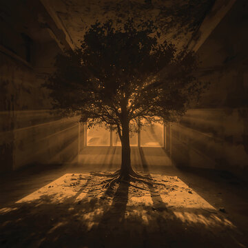 An ancient stone wall lines a dark alley in the park at night, where light from a vintage window illuminates an abandoned building and a mysterious tunnel door