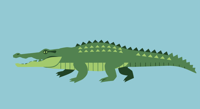 Green cartoon alligator with spiky back and open mouth on blue background