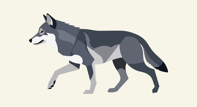 A gray wolf walks to the left in a low poly art style on a beige background.