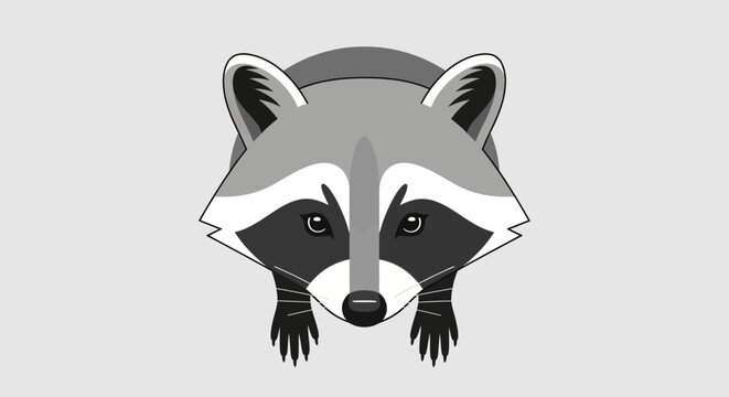 Illustration of a raccoon's face and front paws on a gray background.