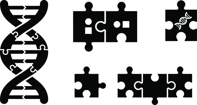 Black dna helix and puzzle piece icons set for science research design Vector