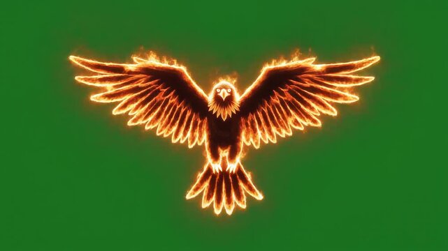 Blazing Eagle with Fire Wings Front View Animation on Green Screen Background