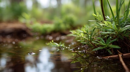 Naklejka premium Lush green foliage emerging from the surface of calm water in a tranquil natural wetland setting