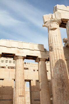 View of columns at Acropolis in Athens