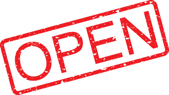 Red ink rubber stamp with the word open inside a rectangular frame on a white background isolated