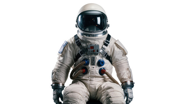 Full body astronaut suit with helmet and hoses, isolated on transparent background