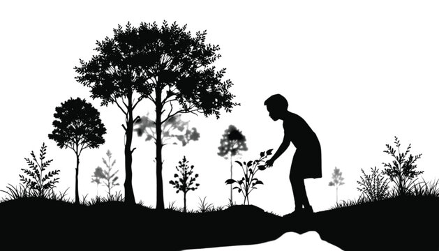 Child silhouette plants a young sapling in the earth to cultivate a new forest for future generations.