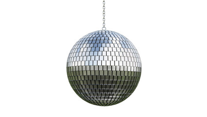 Silver disco ball with chain hanging, isolated on transparent background