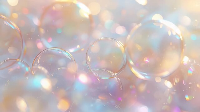 Soft iridescent soap bubbles with pastel rainbow reflections, glowing bokeh lights, dreamy shimmer, and delicate abstract cosmetic texture