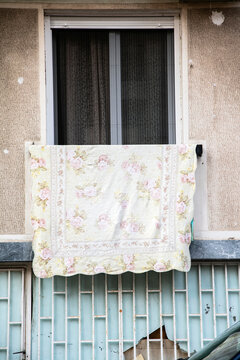 Laundry hanging from window in Athens Greece