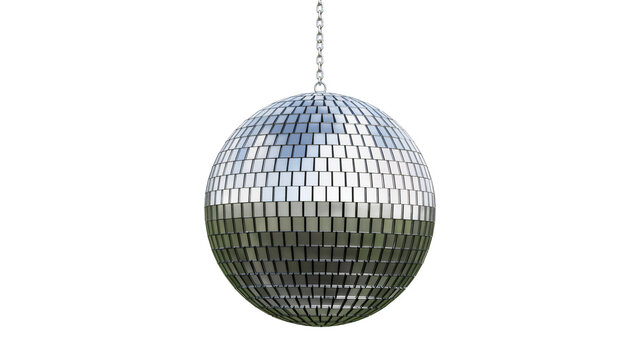 Silver disco ball with chain hanging, isolated on transparent background