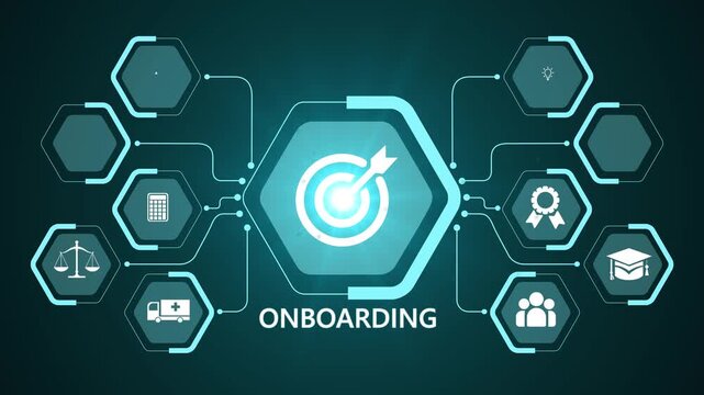Employee onboarding network animation with glowing data connections and technology icons, digital hiring integration and training process concept. on transparent background consept.