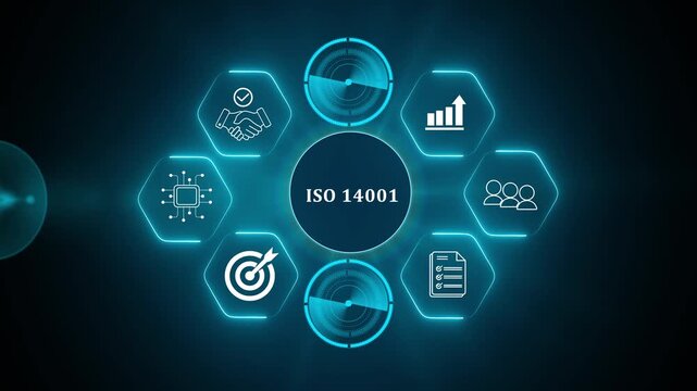 ISO 14001 concept. The international standard for environmental management systems (EMS). Identify, control and reduce the environmental impact of activities, products and service. Sustainability goal