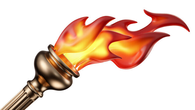 Golden Olympic torch with vibrant flames, isolated on transparent background