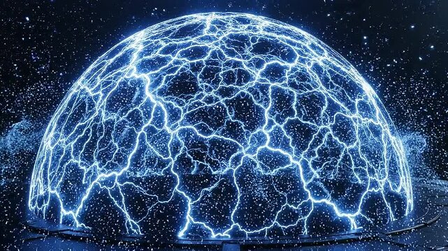 A glowing blue energy shield dome crackles with electric lightning and plasma streams against a dark starry background with scattered light particles, representing a powerful force field or