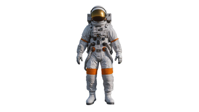 Full body astronaut in white spacesuit with orange accents, isolated on transparent background