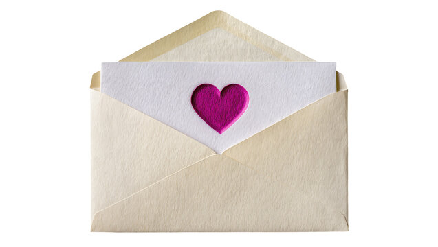 Cream colored envelope with white card and pink heart cutout, isolated on transparent background