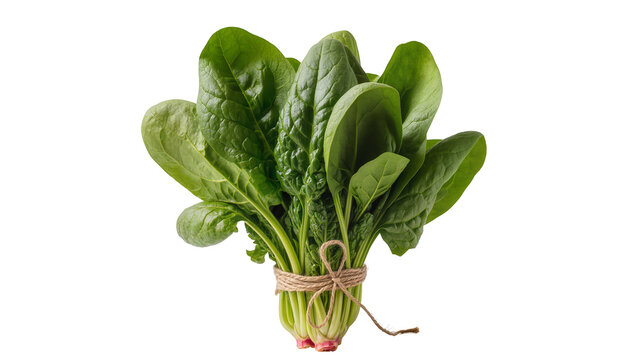 Fresh green spinach bunch tied with twine, isolated on transparent background