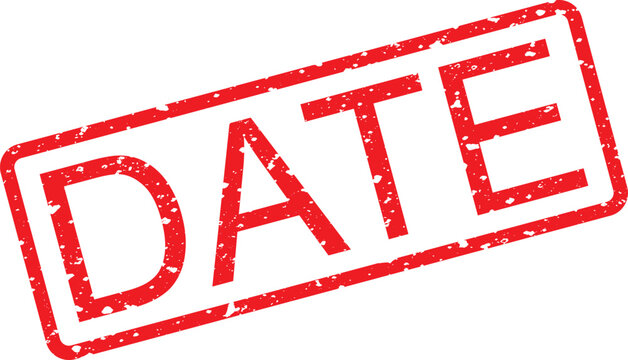 Red rubber stamp with the text date, isolated on a white background, distressed ink texture