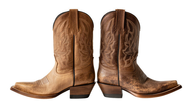 Pair of brown leather cowboy boots with ornate stitching, isolated on transparent background