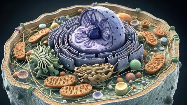 Cell, detailed microscopic biological organism revealing complex internal architecture, featuring nucleus, mitochondria, golgi apparatus, endoplasmic reticulum, and plasma membrane.