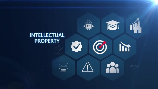 Protecting ideas and innovations through digital networks, intellectual property management animation with connected data systems and security logic . 4k on transparent background.