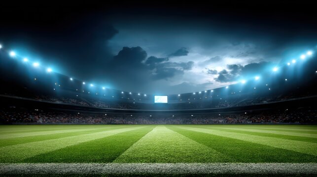 Large football stadium with green field and lights, sports arena scene, competition atmosphere, team spirit concept, outdoor sporting event.