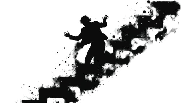 Businessman climbs a set of dark stairs while looking distressed in a dramatic black silhouette art.