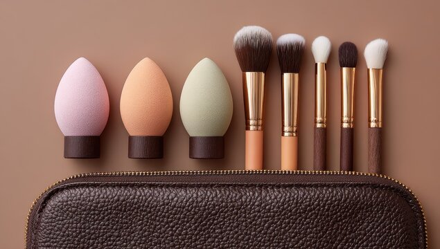Professional makeup brushes and colorful cosmetic sponges arranged in a row above a dark brown textured leather zipper pouch against a solid neutral beige background