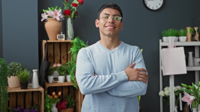 Man florist smiling with arms crossed, hand on upper arm among potted plants, vases and roses in a studio; warm confidence.