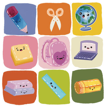 Cute Kawaii School Supplies Clipart Set for Kids Education and Back to School