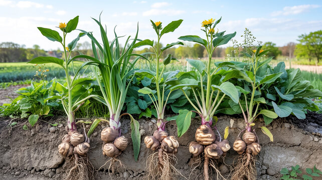 Freshly harvested root vegetables with green leaves and yellow flowers