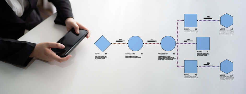 Modern Business Workflow with Diagram and Smartphone in Professional Hands for Visualizing Input and Processing Stages in Digital Era Quark.