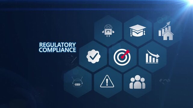 Regulatory compliance system with policy management and audit workflow for business governance and legal risk control processes 4k animation video on transparent background.