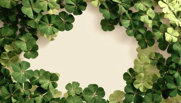 Top view of lush green four leaf clover plants arranged in a circular frame border pattern on a clean neutral beige background with soft natural lighting and shadows