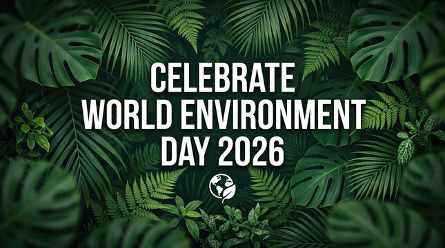 Celebrate World Environment Day 2026 with lush green foliage featuring various tropical leaves and a globe symbol representing environmental awareness and sustainability