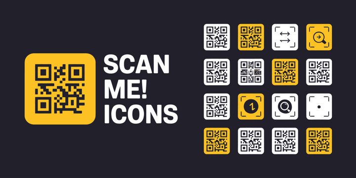 Scan me QR code icon set, yellow and white vector collection on black background for mobile scanning digital technology and payment systems.