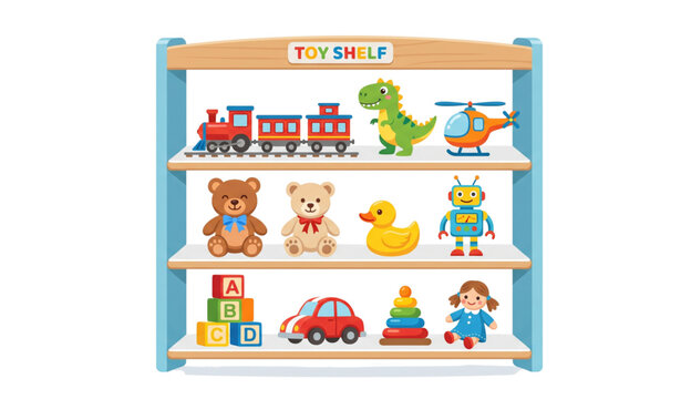 Colorful kids toy shelf vector illustration with train dinosaur helicopter robot duck and teddy bears on three shelves in flat cartoon style isolated on white background