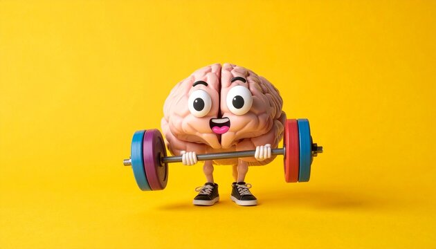 Cartoon brain lifting barbell mental strength