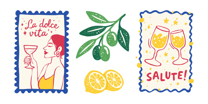 Italy summer set olive branch lemon wine glasses girl profile illustration. Italian lifestyle posters collection. Retro mediterranean nature vector graphics