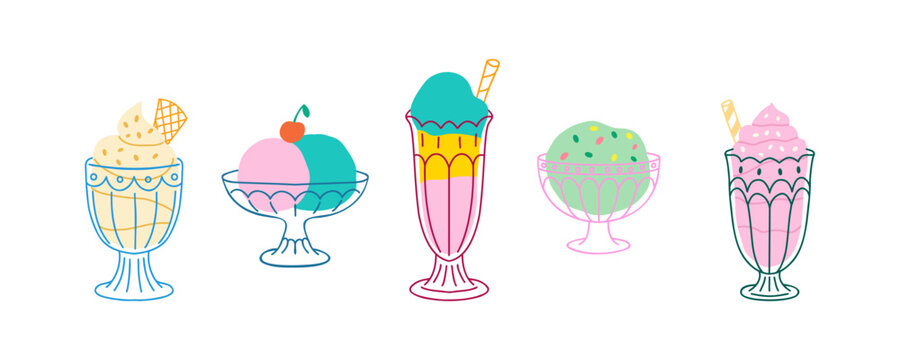 Ice cream collection with colorful sundae scoops and sorbet in glass bowls isolated on white background. Assorted frozen dairy dessert objects set. Vector food elements. Summer treat