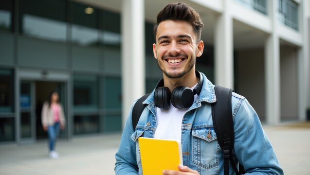 Happy Young Male Student with Backpack and Notebook on University Campus: Higher Education, Learning and College Lifestyle Concept