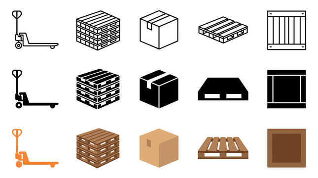 Logistics warehouse shipping delivery icons collection featuring various elements like pallet jacks, boxes, pallets, and crates in different styles.