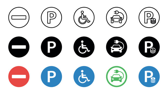 Parking and traffic sign icons collection featuring various symbols for accessibility, electric vehicle charging, paid parking, and no entry, presented in multiple styles.