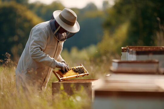 Beekeeper in a protective suit inspecting a honeycomb frame at an apiary. Apiculturist working with bees in a rural field during golden hour. Natural honey production concept