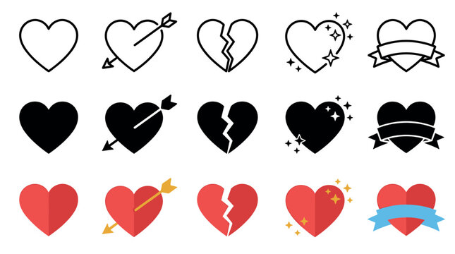 Heart icons collection with various styles and designs including plain, broken, arrow, sparkling, and banner versions, perfect for expressing love and emotion.
