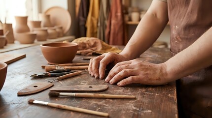 Obraz premium Skilled craftsman hands shaping clay on wooden workbench in traditional pottery workshop with ceramic bowls and artisan tools creating handmade pottery.