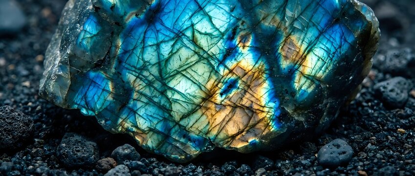 Stunning labradorite gemstone displaying vibrant blue and golden flash colors on dark volcanic rock surface. Natural mineral specimen for jewelry making.