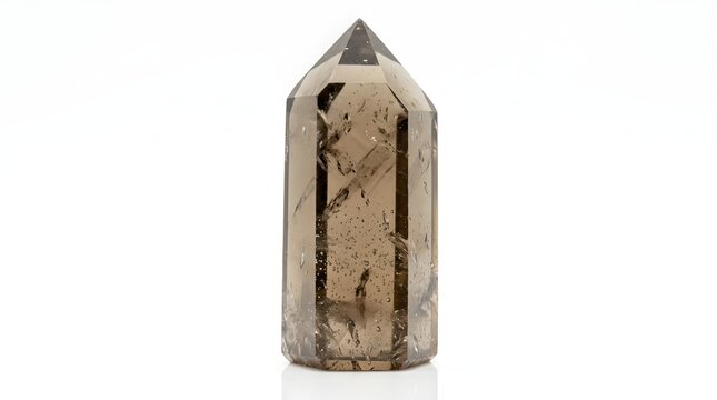 Single Natural Crystal Gemstone Point with Faceted Mineral Structure Isolated on White Background