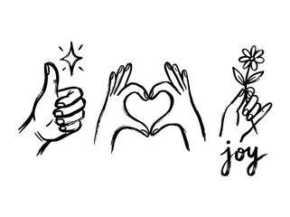 Obraz premium Expressive brush line art hand gestures, mascot heart and thumbs up, vector doodle sticker elements
